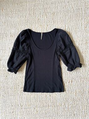 Free People Ribbed Puff Sleeve Top Black Crochet Lace Detail Size S